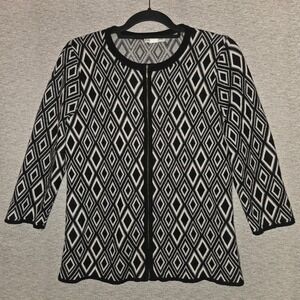 Coldwater Creek Merino Wool Blend Cardigan 3/4 Sleeve Zip Black White Medium
